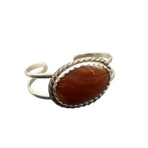 Sterling Silver Cuff Bracelet Agate stone Bezel set Genuine semi precious stone
